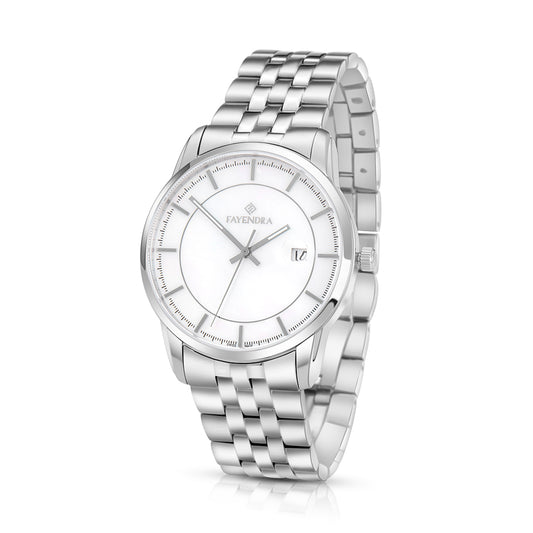 ساعة رجالي ستانلس ستيل عيار L316 بلون فضي - مينا حجر صدف ام اللالئ الابيض