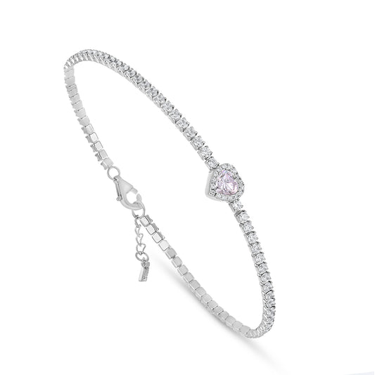 Sterling Silver 925 Bracelet Rhodium Plated Embedded With Pink Zircon And White Zircon