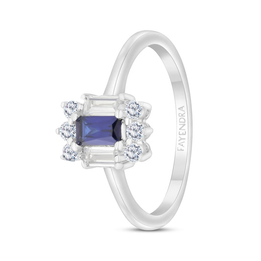 Sterling Silver 925 Ring Rhodium Plated Embedded With Sapphire Corundum And White Zircon