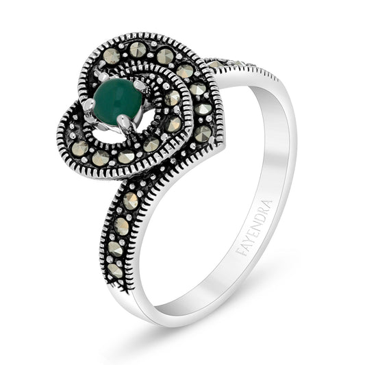 Sterling Silver 925 Ring Embedded With Natural Green Agate And Marcasite Stones