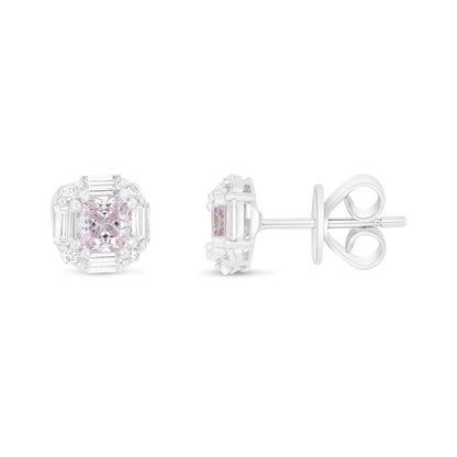 Sterling Silver 925 Earring Rhodium Plated Embedded With Pink Zircon And White Zircon