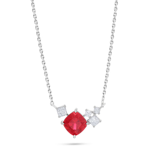 Sterling Silver 925 Necklace Rhodium Plated Embedded With Ruby Corundum And White Zircon