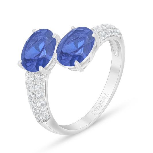 Sterling Silver 925 Ring Rhodium Plated Embedded With Sapphire Corundum And White Zircon