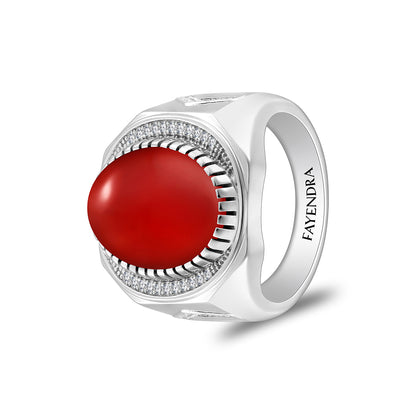 خاتم رجالي من الفضة الخالصة عيار 925 مطلي روديوم مرصع احجار عقيق احمر كابشون و فص ابيض