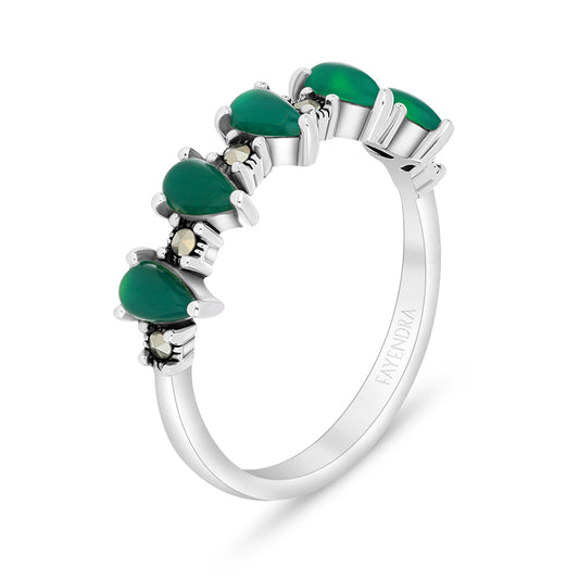 Sterling Silver 925 Ring Embedded With Natural Green Agate And Marcasite Stones