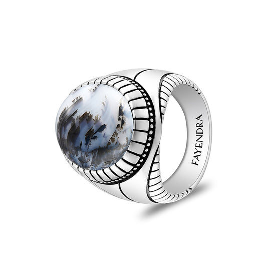 Sterling Silver 925 Ring Rhodium And Black Plated Embedded With Cabochon Natural Agate For Men