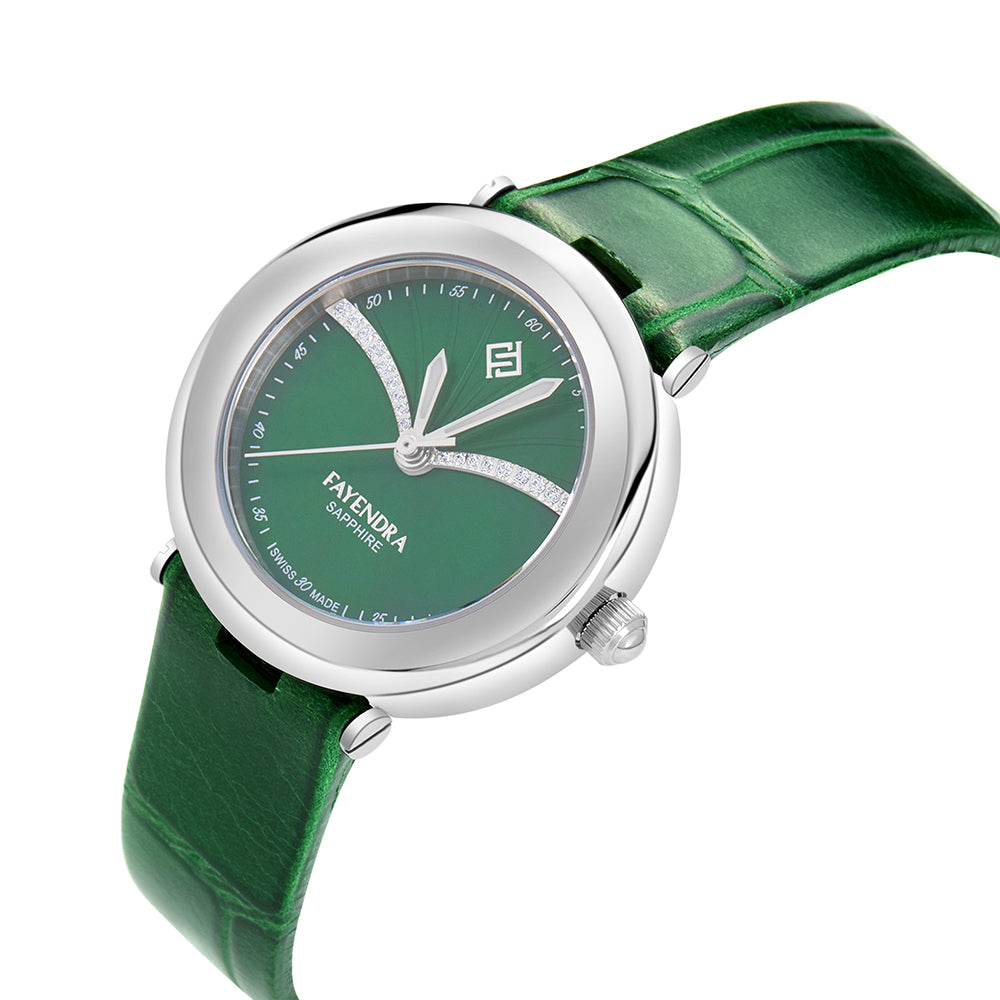 Stainless Steel 316L Watch Silver Color Green Leather And White Zircon - GREEN METAL DIAL