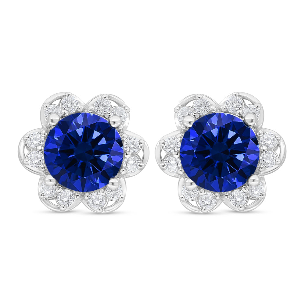 Sterling Silver 925 Earring Rhodium Plated Embedded With Sapphire Corundum And White Zircon