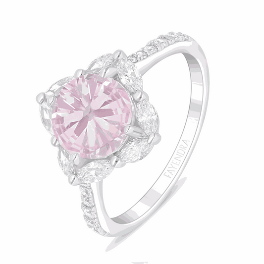 Sterling Silver 925 Ring Rhodium Plated Embedded With Pink Zircon And White Zircon