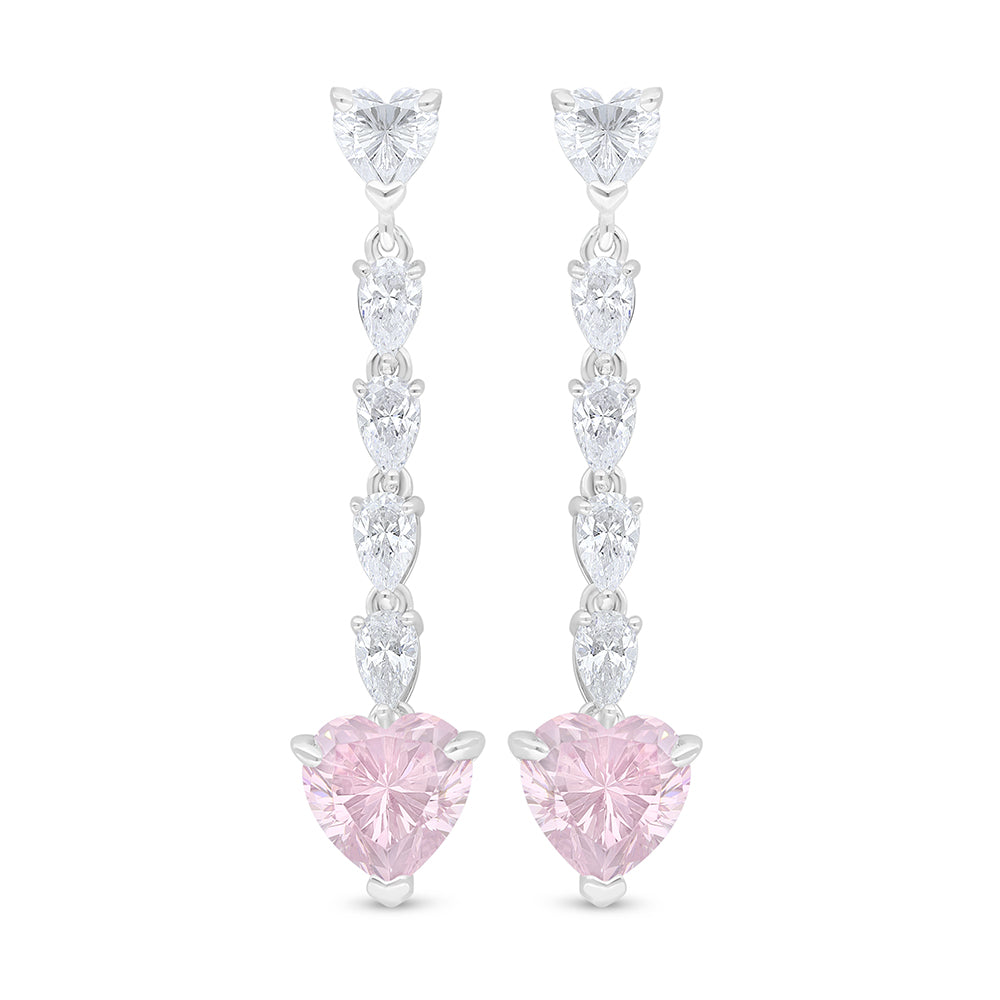 Sterling Silver 925 Earring Rhodium Plated Embedded With Pink Zircon And White Zircon
