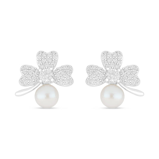 Sterling Silver 925 Earring Rhodium Plated Embedded With Natural White Pearl And White Zircon