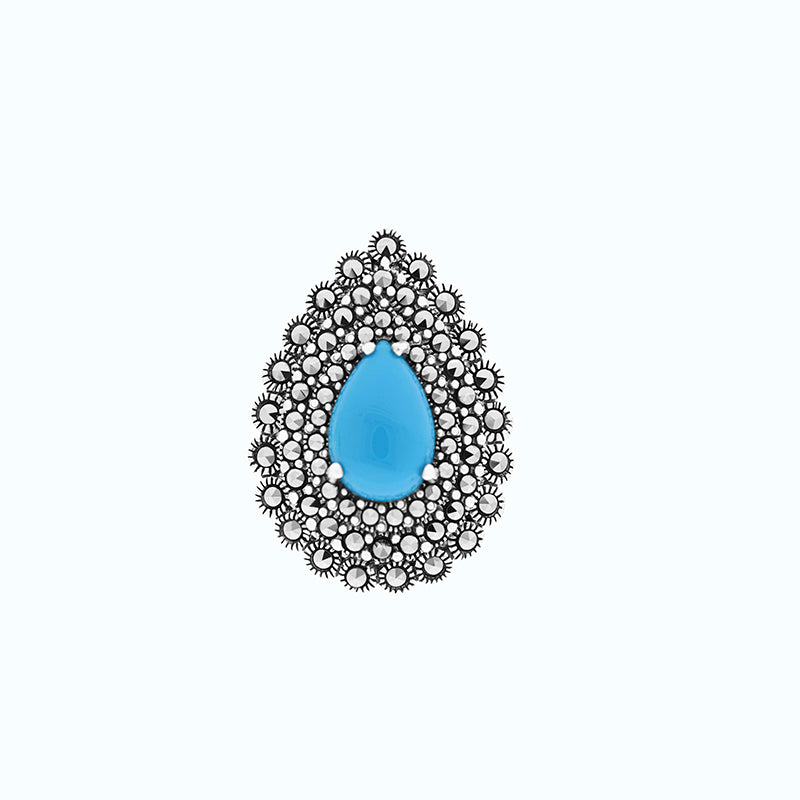Sterling Silver 925 Ring Embedded With Natural Processed Turquoise And Marcasite Stones