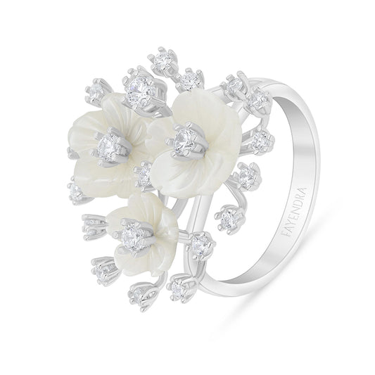 Sterling Silver 925 Ring Rhodium Plated Embedded With White Shell And White Zircon