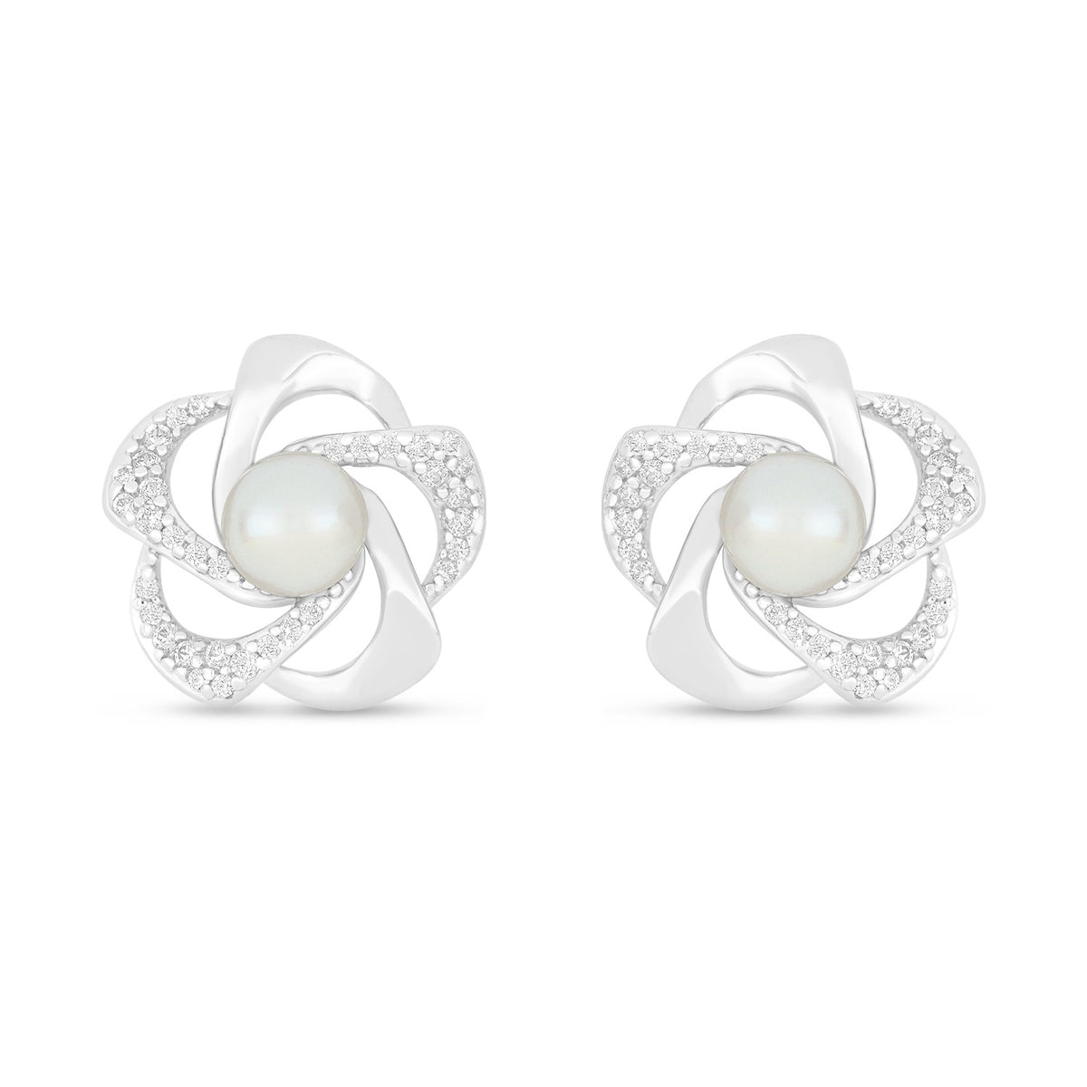 Sterling Silver 925 Earring Rhodium Plated Embedded With Natural White Pearl And White Zircon