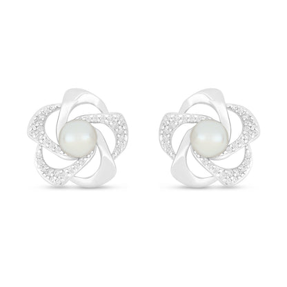 Sterling Silver 925 Earring Rhodium Plated Embedded With Natural White Pearl And White Zircon