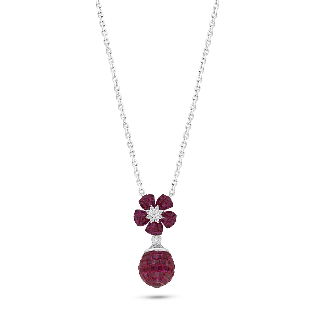 Sterling Silver 925 Necklace Rhodium Plated Embedded With Ruby Corundum And White Zircon