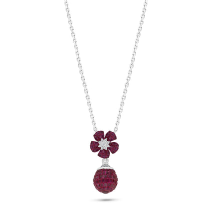Sterling Silver 925 Necklace Rhodium Plated Embedded With Ruby Corundum And White Zircon