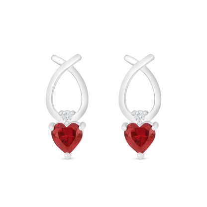Sterling Silver 925 Earring Rhodium Plated Embedded With Ruby Corundum And White Zircon