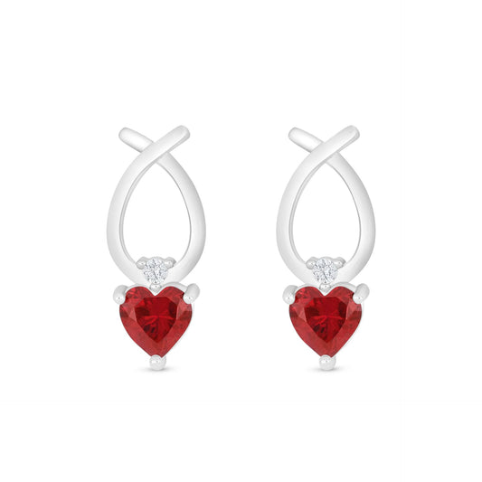 Sterling Silver 925 Earring Rhodium Plated Embedded With Ruby Corundum And White Zircon