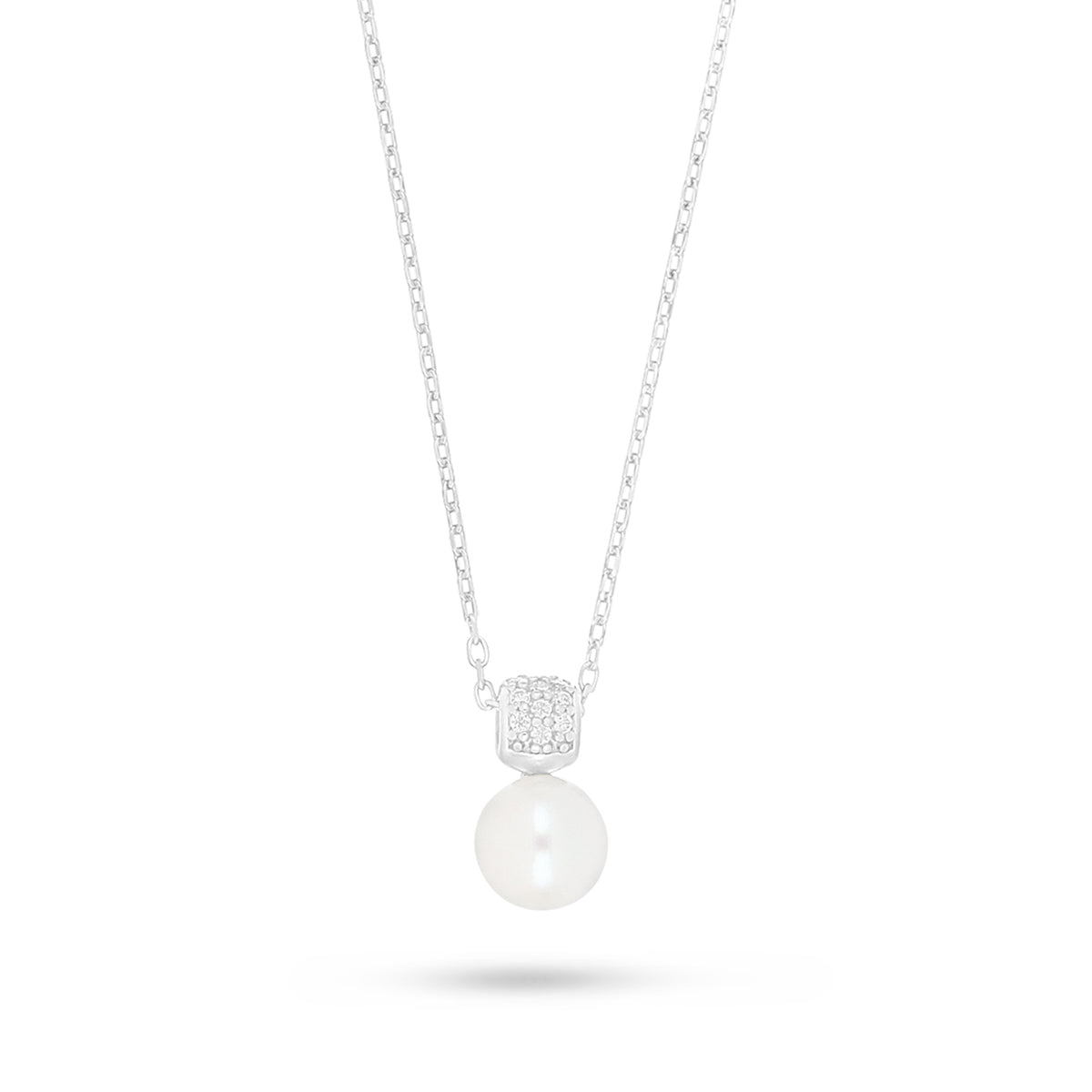 Sterling Silver 925 Necklace Rhodium Plated Embedded With Natural White Pearl And White Zircon