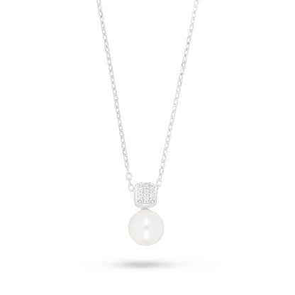 Sterling Silver 925 Necklace Rhodium Plated Embedded With Natural White Pearl And White Zircon