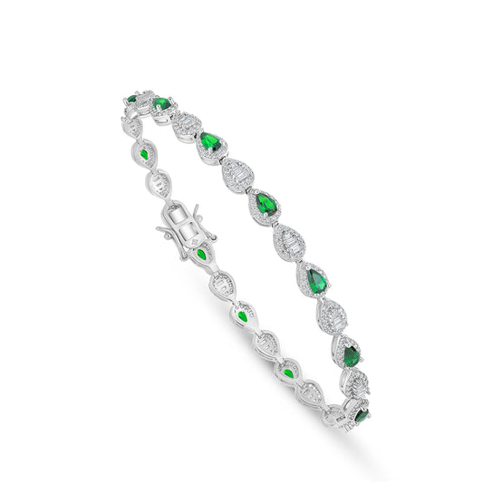 Sterling Silver 925 Bracelet Rhodium Plated Embedded With Emerald Zircon And White Zircon