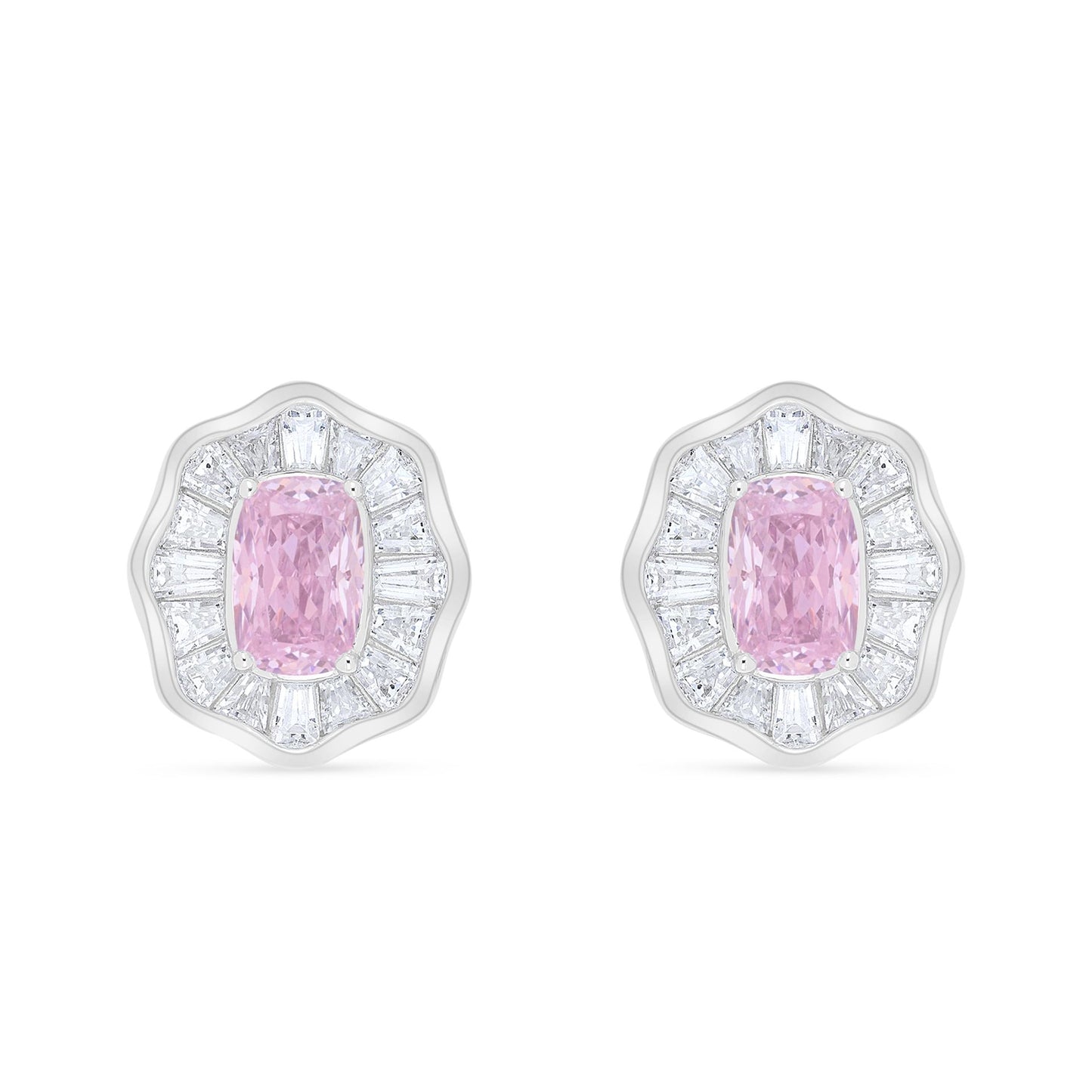 Sterling Silver 925 Earring Rhodium Plated Embedded With Pink Zircon And White Zircon