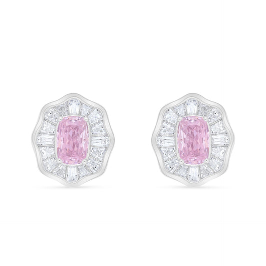 Sterling Silver 925 Earring Rhodium Plated Embedded With Pink Zircon And White Zircon