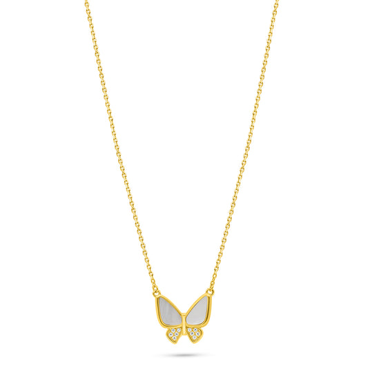 Sterling Silver 925 Necklace Golden Plated Embedded With white shell And White Zircon