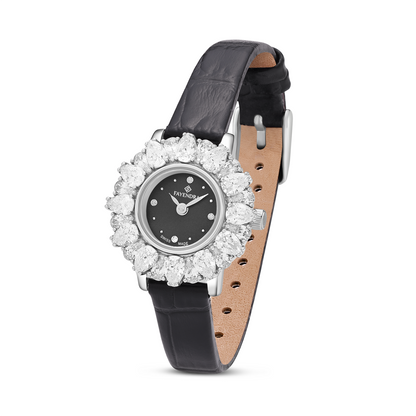 Stainless Steel 316 Watch Silver Color Black Leather Embedded With White Zircon - BLACK MOP DIAL