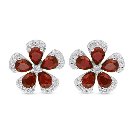 Sterling Silver 925 Earring Rhodium Plated Embedded With Ruby Corundum And White Zircon