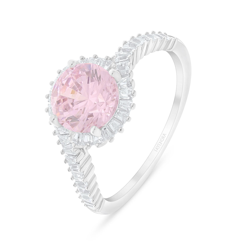 Sterling Silver 925 Ring Rhodium Plated Embedded With Pink Zircon And White Zircon