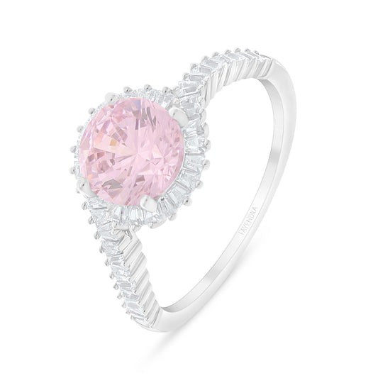 Sterling Silver 925 Ring Rhodium Plated Embedded With Pink Zircon And White Zircon