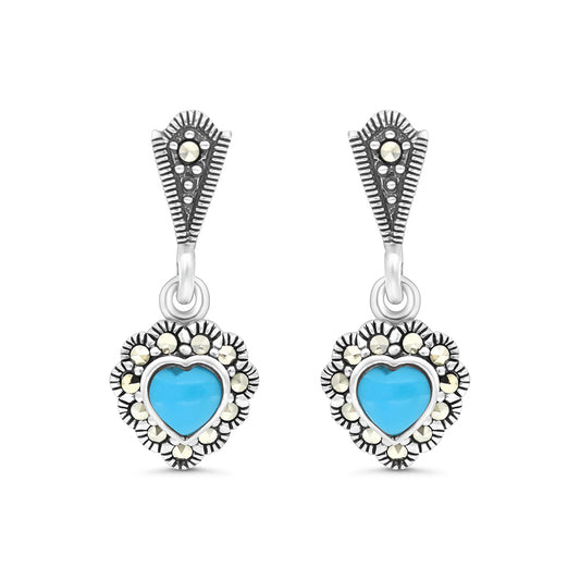 Sterling Silver 925 Earring Embedded With Natural Processed Turquoise And Marcasite Stones