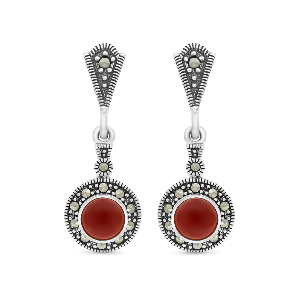 Sterling Silver 925 Earring Embedded With Natural Aqiq And Marcasite Stones