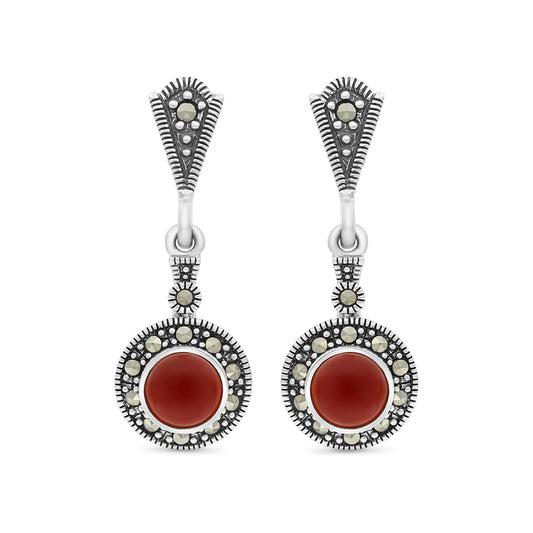 Sterling Silver 925 Earring Embedded With Natural Aqiq And Marcasite Stones