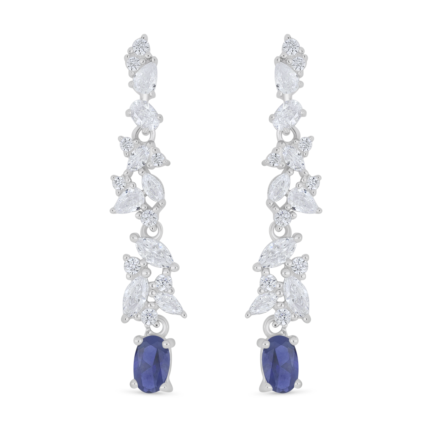 Sterling Silver 925 Earring Rhodium Plated Embedded With Sapphire Corundum And White Zircon