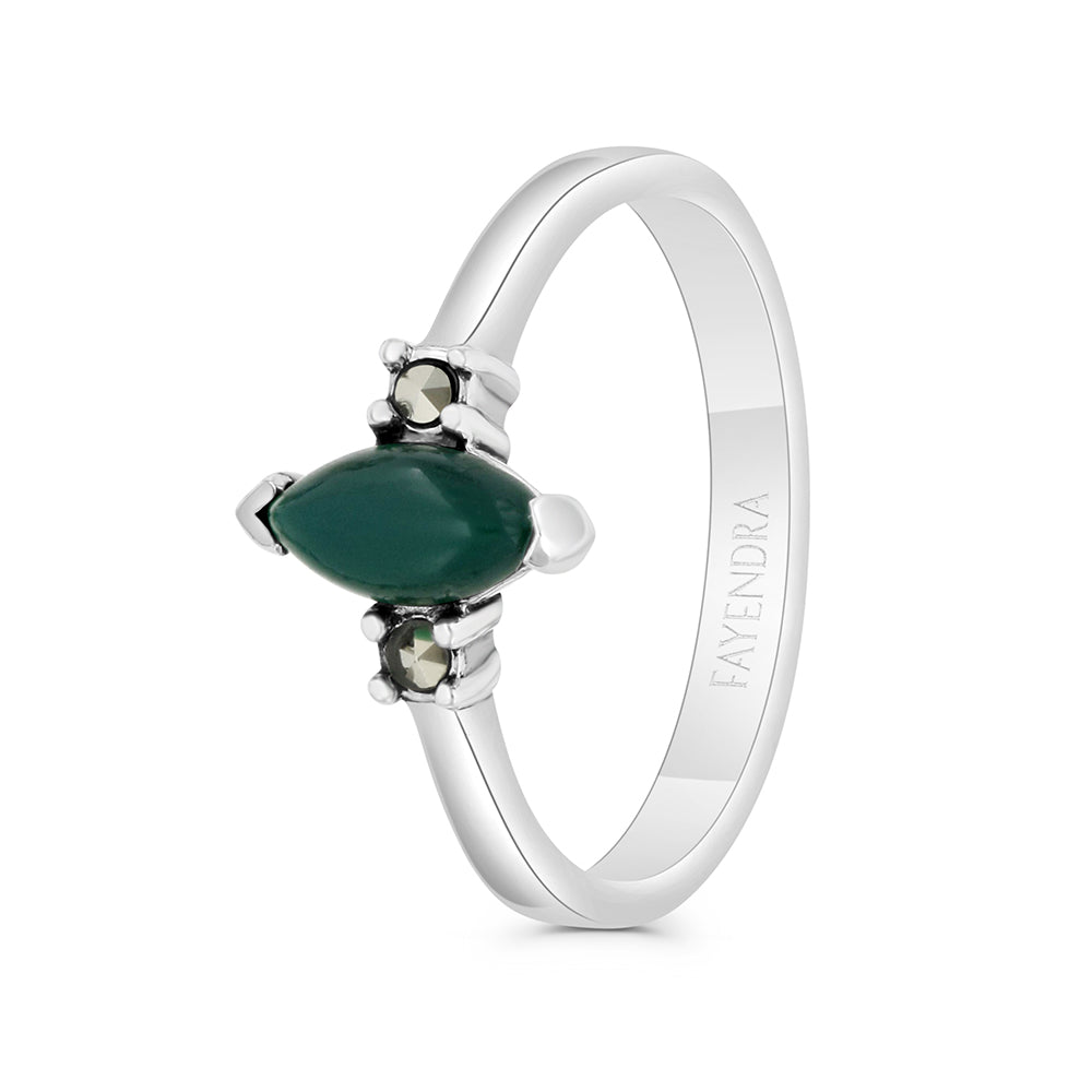 Sterling Silver 925 Ring Embedded With Natural Green Agate And Marcasite Stones