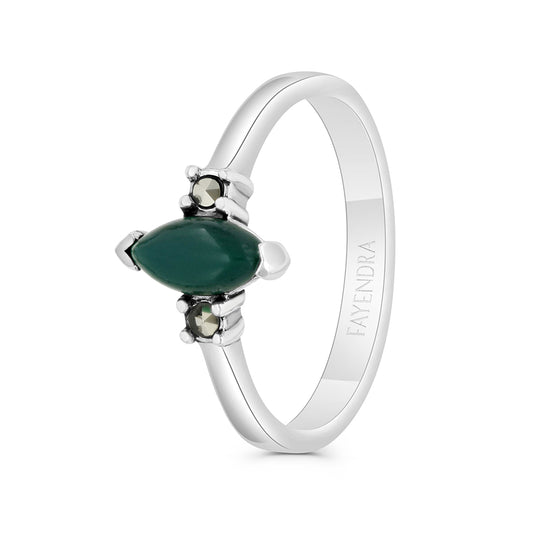 Sterling Silver 925 Ring Embedded With Natural Green Agate And Marcasite Stones