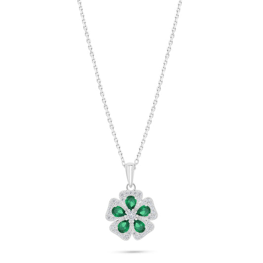 Sterling Silver 925 Necklace Rhodium Plated Embedded With Emerald Zircon And White Zircon