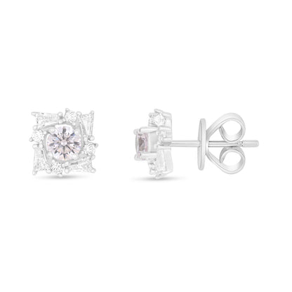 Sterling Silver 925 Earring Rhodium Plated Embedded With Pink Zircon And White Zircon