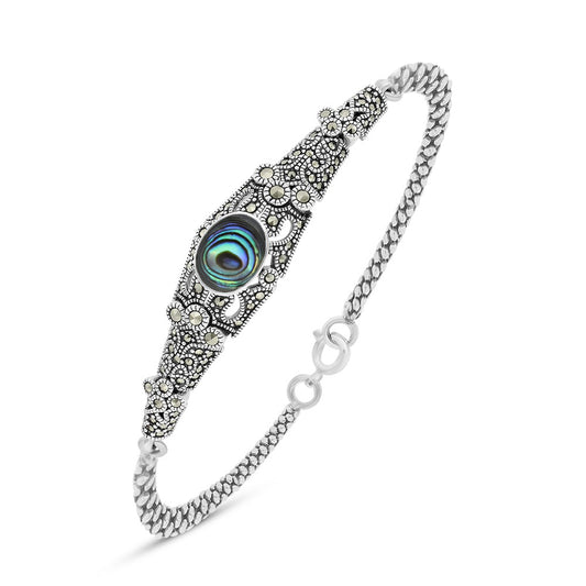 Sterling Silver 925 Bracelet Embedded With Natural Blue Shell And Marcasite Stones