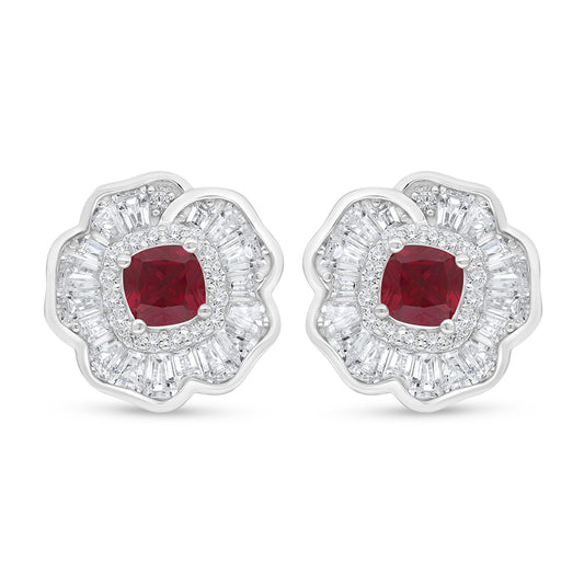 Sterling Silver 925 Earring Rhodium Plated Embedded With Ruby Corundum And White Zircon