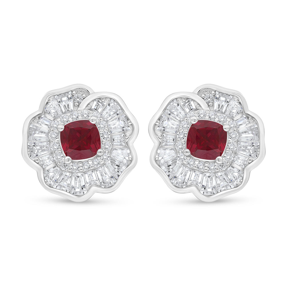 Sterling Silver 925 Earring Rhodium Plated Embedded With Ruby Corundum And White Zircon