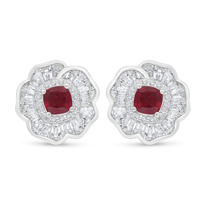 Sterling Silver 925 Earring Rhodium Plated Embedded With Ruby Corundum And White Zircon