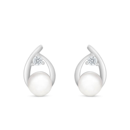 Sterling Silver 925 Earring Rhodium Plated Embedded With Natural White Pearl And White Zircon