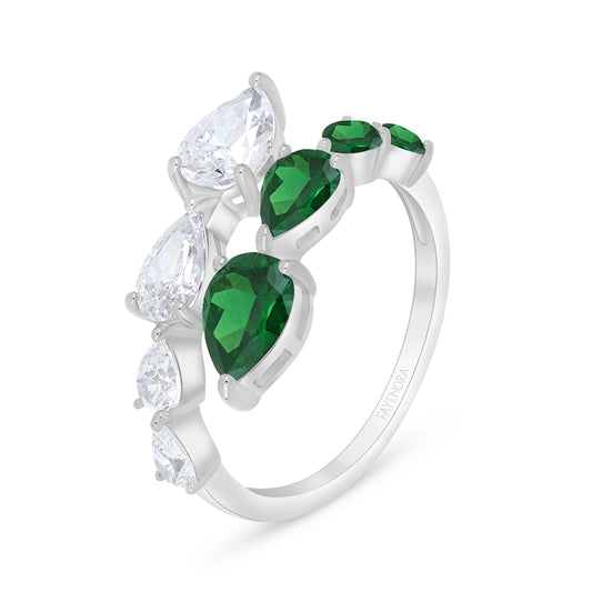 Sterling Silver 925 Ring Rhodium Plated Embedded With Emerald Zircon And White Zircon