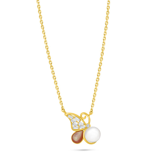 Sterling Silver 925 Necklace Golden Plated Embedded With Natural White Pearl And Pink Shell And White Zircon