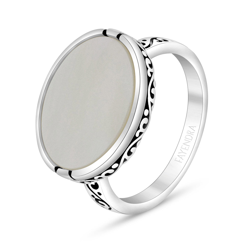 Sterling Silver 925 Ring Rhodium And Black Plated Embedded With White Shell For Men