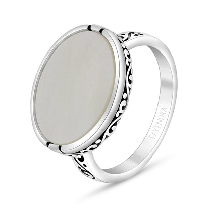 Sterling Silver 925 Ring Rhodium And Black Plated Embedded With White Shell For Men